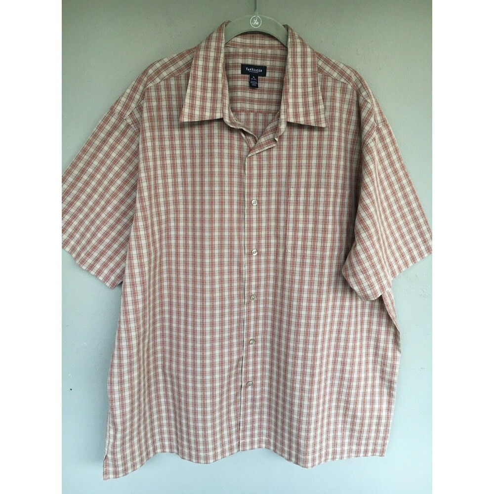 VTG Y2K Plaid Camp Shirt Men’s XL Red Tan Cotton  Button-Up Relax Fit Resort